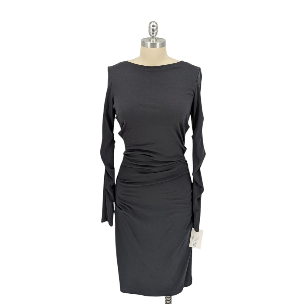 00016 Nicole Miller Ruched Knit Bodycon Dress Black size Medium preppy Business